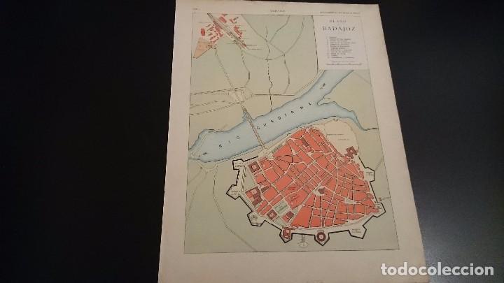 Zeitgen&ouml;ssische Karten: LAMINA CROMOLITOGRAFICA ENCICLOPEDIA SEGUI 1905 MAPA PLANO DE BADAJOZ - DOBLE CARA