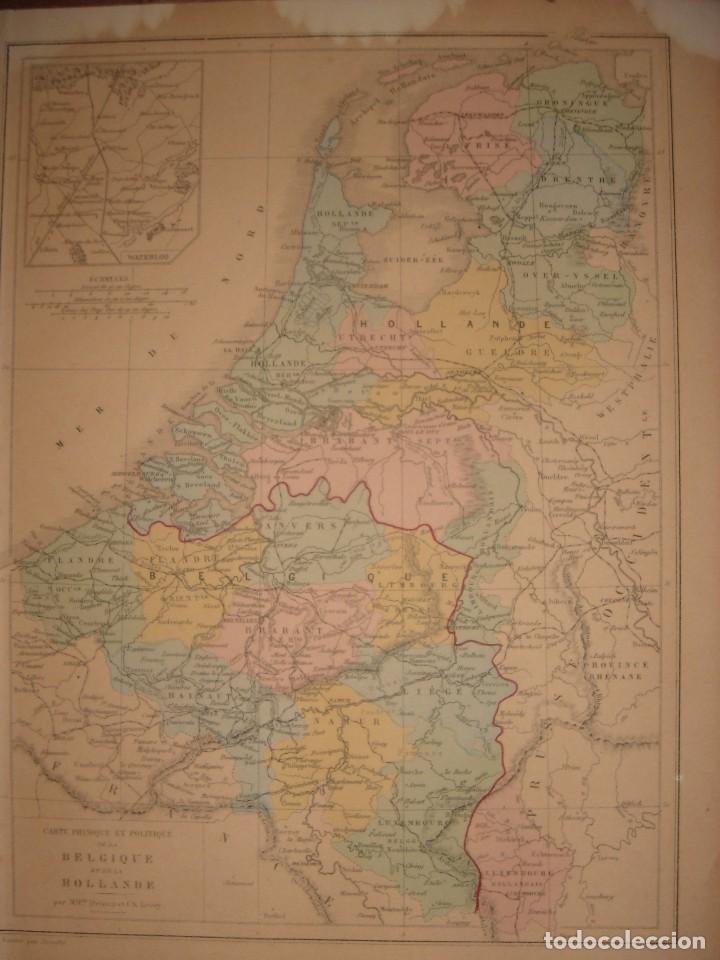 Mapas contempor&aacute;neos: MAPA F&Iacute;SICO Y POL&Iacute;TICO B&Eacute;LGICA Y HOLANDA, ORIGINAL, DRIOUX , 1877, PERFECTO ESTADO, COLOREADO