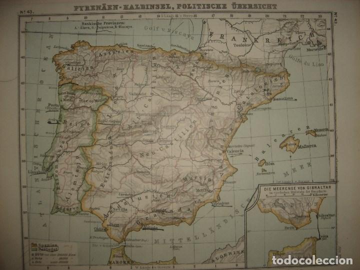 Mapas contempor&aacute;neos: MAPA DE ESPA&Ntilde;A, ORIGINAL, LEIPZIG, DEBES&acute;,1898, PERFECTO ESTADO.
