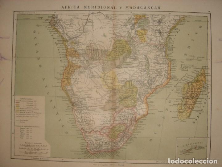 Mapas contempor&acirc;neos: MAPA AFRICA MERIDIONAL Y MADAGASCAR, COLONIAS EUROPEAS, ORIGINAL,1885, MADRID, MAPA EN ESPA&Ntilde;OL