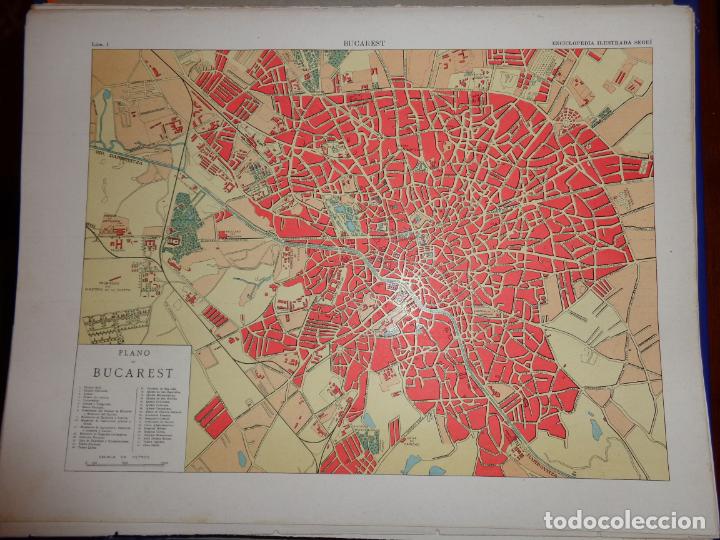 Mapas contempor&acirc;neos: PLANO DE BUCAREST - RUMAN&Iacute;A - L&Aacute;MINA DOBLE CARA con fotos - ENCICLOPEDIA ILUSTRADA SEGU&Iacute; 1905