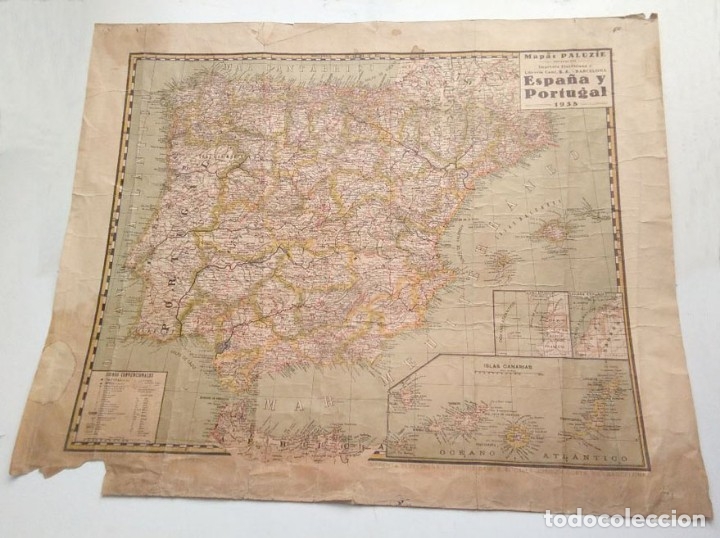Zeitgen&ouml;ssische Karten: ANTIGUO MAPA de ESPA&Ntilde;A de PALUZIE de 1938, 83x68 cm.