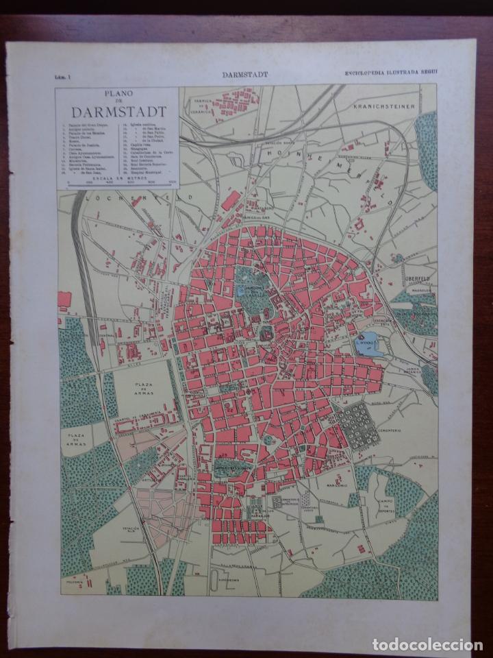 Contemporary maps: PLANO Y FOTOS DE DARMSTADT - L&Aacute;MINA DOBLE CARA - ENCICLOPEDIA ILUSTRADA SEGU&Iacute; 1905