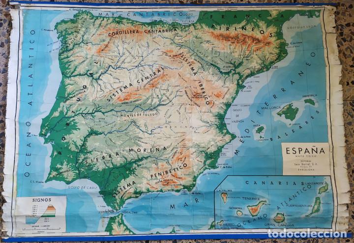 Mapas contempor&aacute;neos: Mapa escolar F&iacute;sico de Espa&ntilde;a en tela. A&ntilde;os 50-60. Seix Barral. 118 x 84 cm.