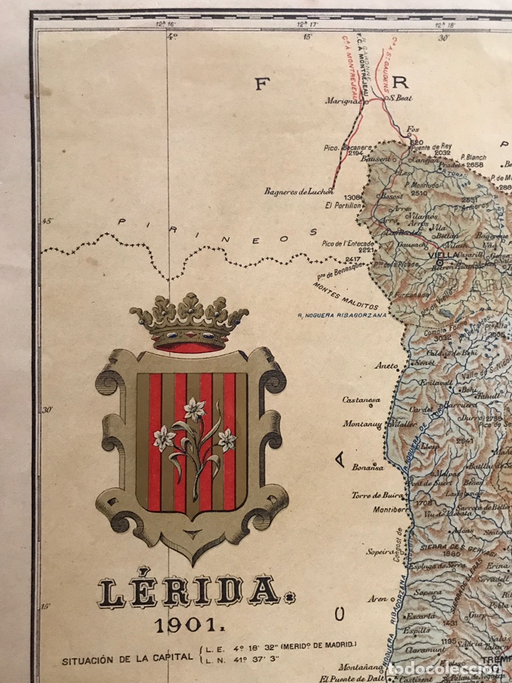Mapas contempor&aacute;neos: LERIDA. Mapa de la Provincia Catalana, con Escudo Cromo. Lit., Marti Campa&ntilde;a (a.1901)