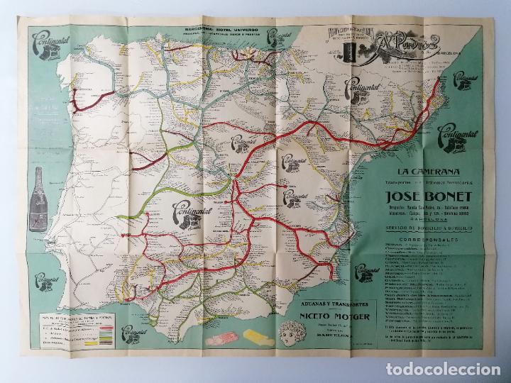 Mapas contempor&aacute;neos: MAPA DE LOS FERROCARRILES DE ESPA&Ntilde;A Y PORTUGAL, PUBLICIDAD CONTINENTAL, JOSE BONET, A. PADROS,