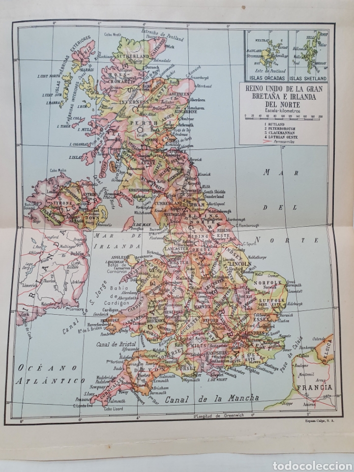 Mappe contemporanee: REINO UNIDO DE LA GRAN BRETA&Ntilde;A E IRLANDA DEL NORTE. MAPA ESPASA CALPE. 1957.