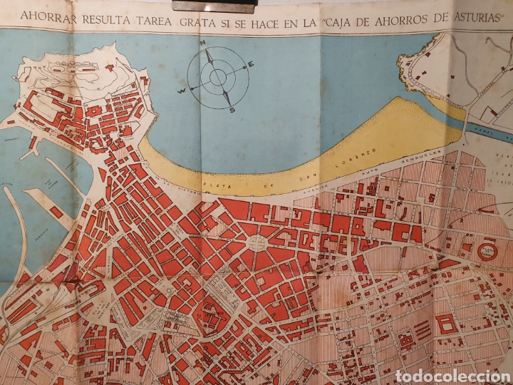 Zeitgen&ouml;ssische Karten: GIJON, PLANO GUIA, JUNTA PROVINCIAL DE TURISMO DE ASTURIAS, A&Ntilde;OS 50. EDICION CAJA AHORROS ASTURIAS.