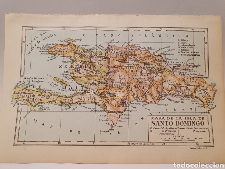 Mapas contempor&acirc;neos: MAPA DE LA ISLA DE SANTO DOMINGO. LAMINA DE ENCICLOPEDIA, ESPASA CALPE 1957.