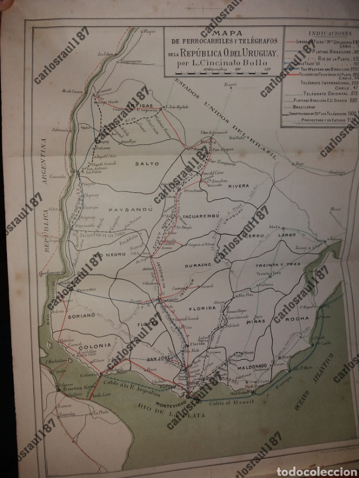 Contemporary maps: Mapa de 1894 ferrocarriles y TELEGRAFOS Uruguay CINCINATO bollo