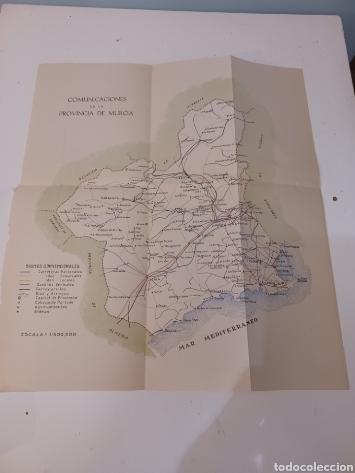Mapas contempor&aacute;neos: Mapa comunicaciones Provincia de Murcia a&ntilde;os 60 de 38x43 cm escala 1:500.000