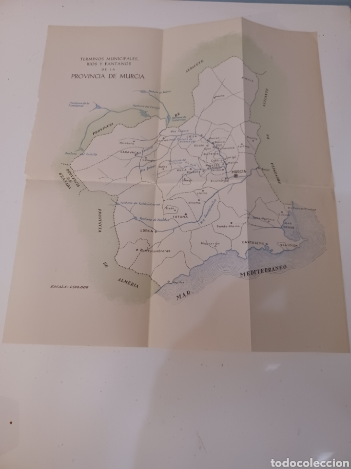 Mapas contempor&aacute;neos: Mapa T&eacute;rminos municipales r&iacute;os y pantanos provincia de Murcia a&ntilde;os 60 de 38x43 cm escala 1:500.000