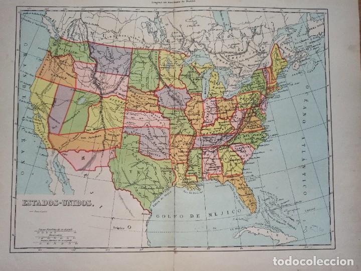 Contemporary maps: MAPA ESTADOS UNIDOS DE AM&Eacute;RICA, ORIGINAL, PALUZ&Iacute;E, BARCELONA, 1896, LITOGRAF&Iacute;A EN COLOR Y EN ESPA&Ntilde;OL