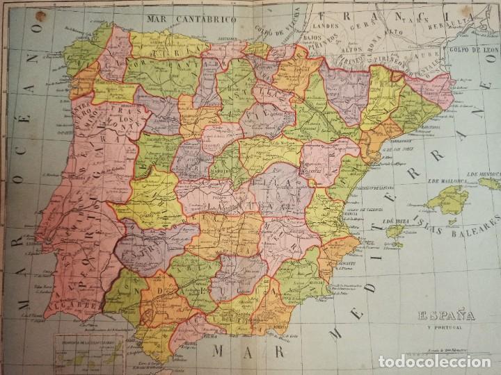 Mapas contempor&aacute;neos: MAPA ESPA&Ntilde;A Y PORTUGAL ORIGINAL, PALUZ&Iacute;E, BARCELONA, 1896, LITOGRAF&Iacute;A EN COLOR Y ESPA&Ntilde;OL