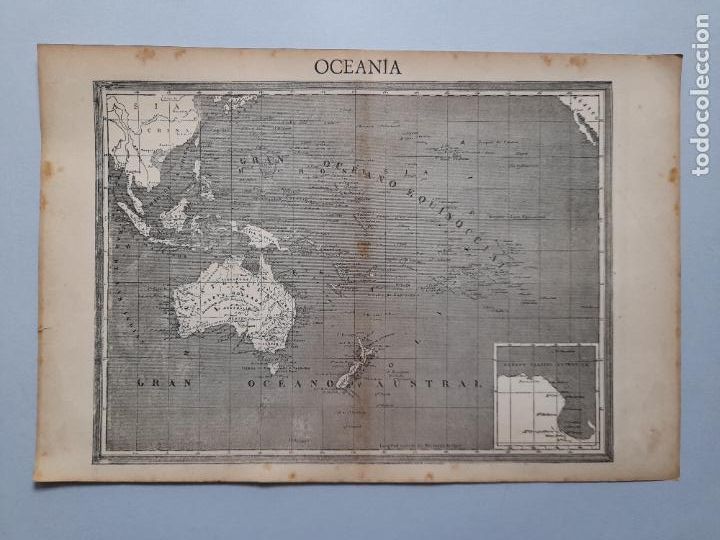 Mappe contemporanee: ANTIGUO GRABADO MAPA DE OCEANIA. Geograf&iacute;a Universal, 1886