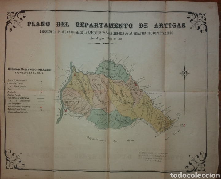 Zeitgen&ouml;ssische Karten: ANTIGUO PLANO A COLOR DEPARTAMENTO DE ARTIGAS URUGUAY 1890