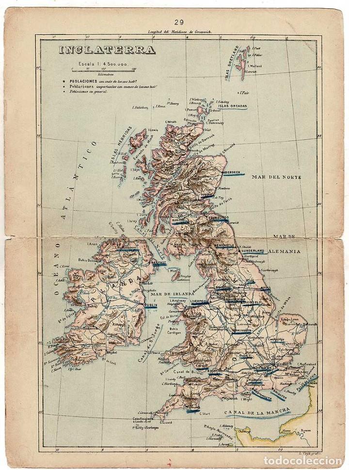 Mapas contempor&acirc;neos: Mapa antiguo de Inglaterra, Suiza, B&eacute;lgica, Holanda y Luxemburgo. Litograf&iacute;a Vega