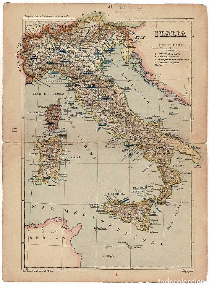 Mapas contempor&acirc;neos: Mapa antiguo de Italia, Austria, Hungr&iacute;a y Checoslovaquia. Litograf&iacute;a Vega
