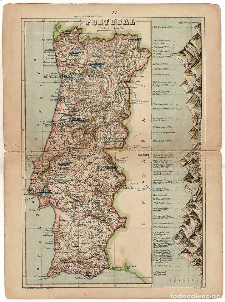 Mapas contempor&acirc;neos: Mapa antiguo de Portugal y Francia. Litograf&iacute;a Vega