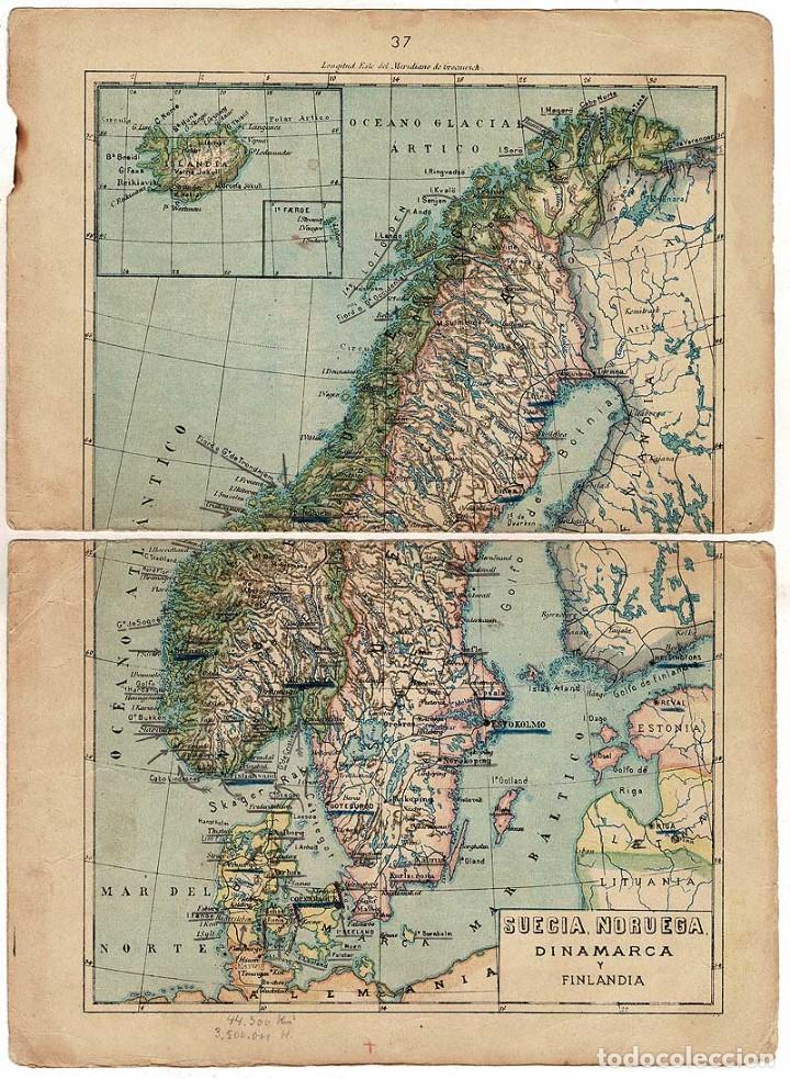Mapas contempor&acirc;neos: Mapa antiguo de Suecia, Noruega, Dinamarca, Finlandia y Asia. Litograf&iacute;a Vega