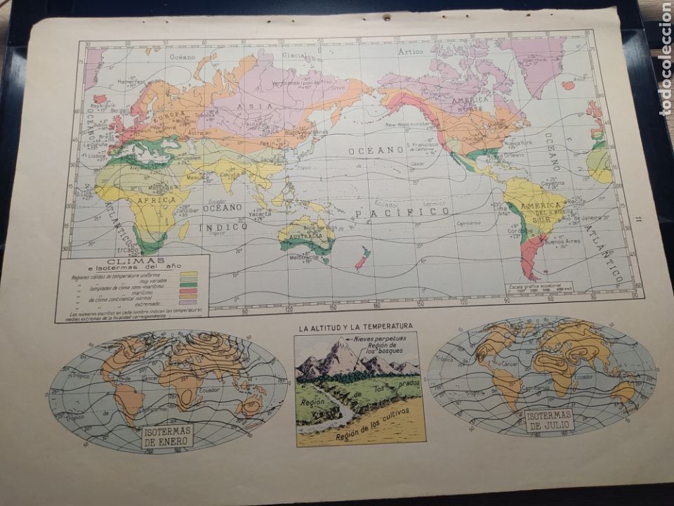 Zeitgen&ouml;ssische Karten: LAMINA ESCOLAR MAPA CLIMAS, ISOTERMAS, ALTITUD Y TEMPERATURA. A&Ntilde;OS 60. MIDE 34 X 26.