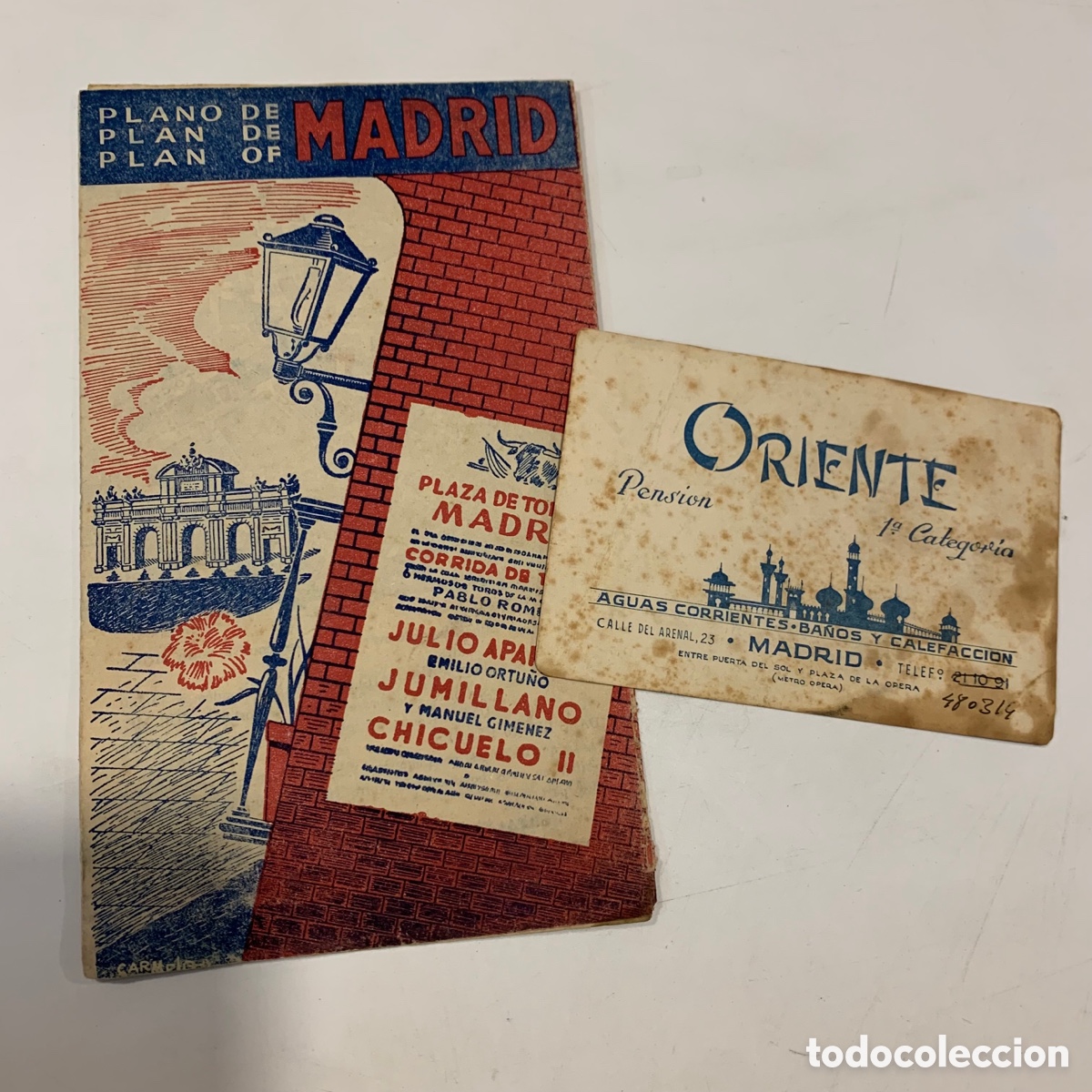 Mapas contempor&acirc;neos: lote plano de madrid de la pension oriente y tarjeta de visita a&ntilde;os 50