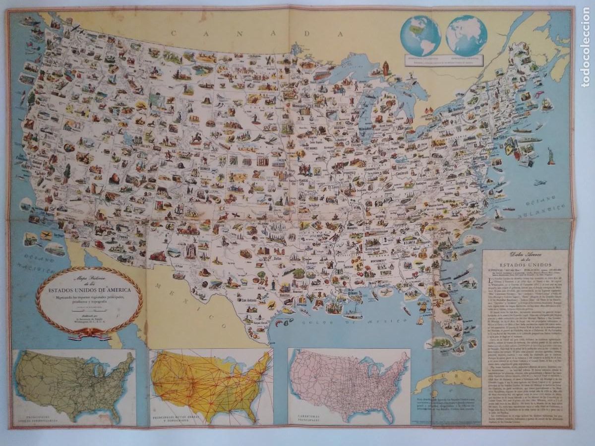 Mapas contempor&acirc;neos: ANTIGUO GRAN MAPA PICTORICO USA ESTADOS UNIDOS DE AMERICA RIQUEZAS PRODUCTOS TOPOGRAFIA RV