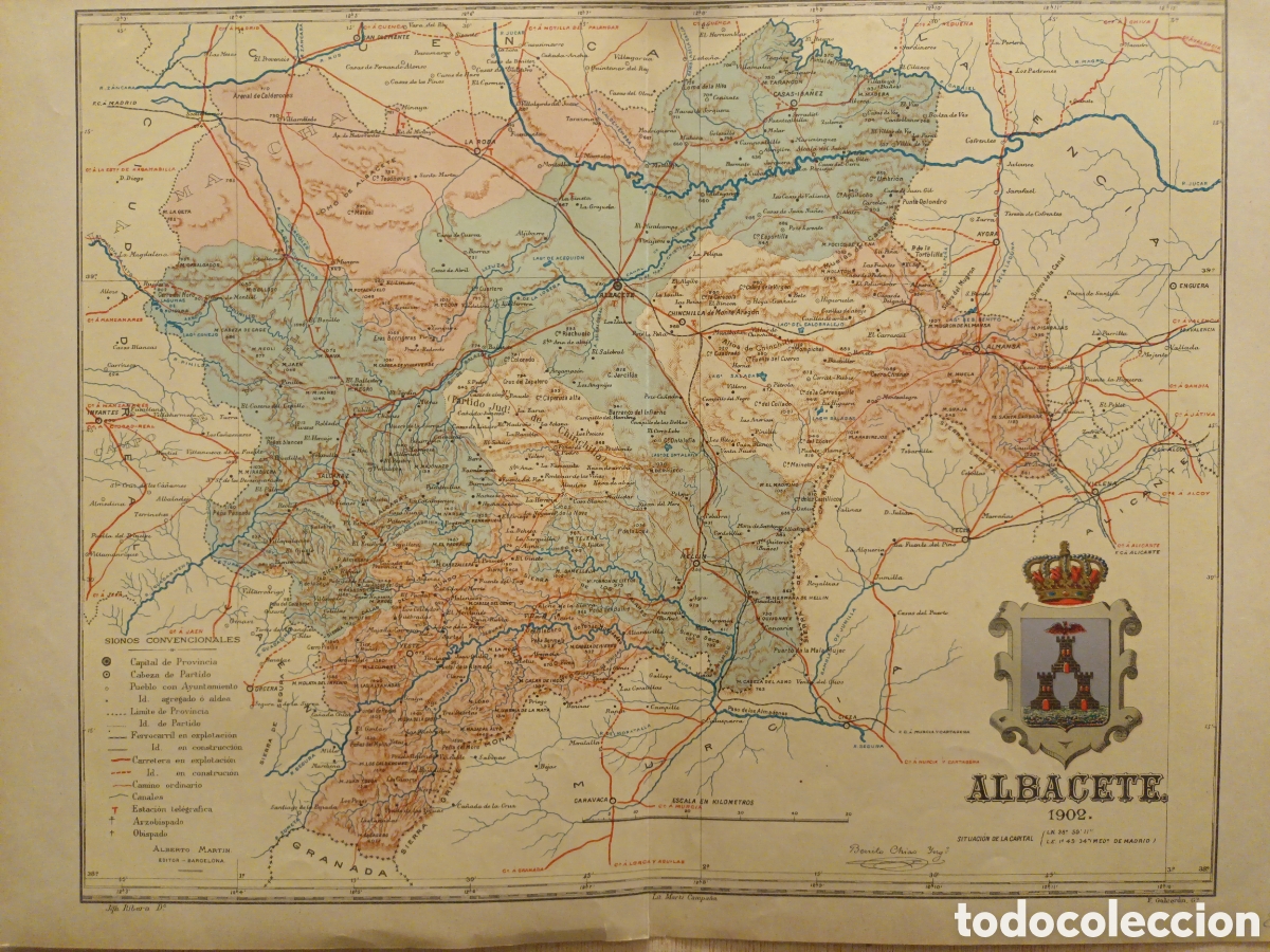 Contemporary maps: MAPA ORIGINAL LITOGR&Aacute;FICO CON ESCUDO DE ALBACETE - 1902 - CHIAS CARB&Oacute; - EDT. MARTIN - 5O X 37.50 CM
