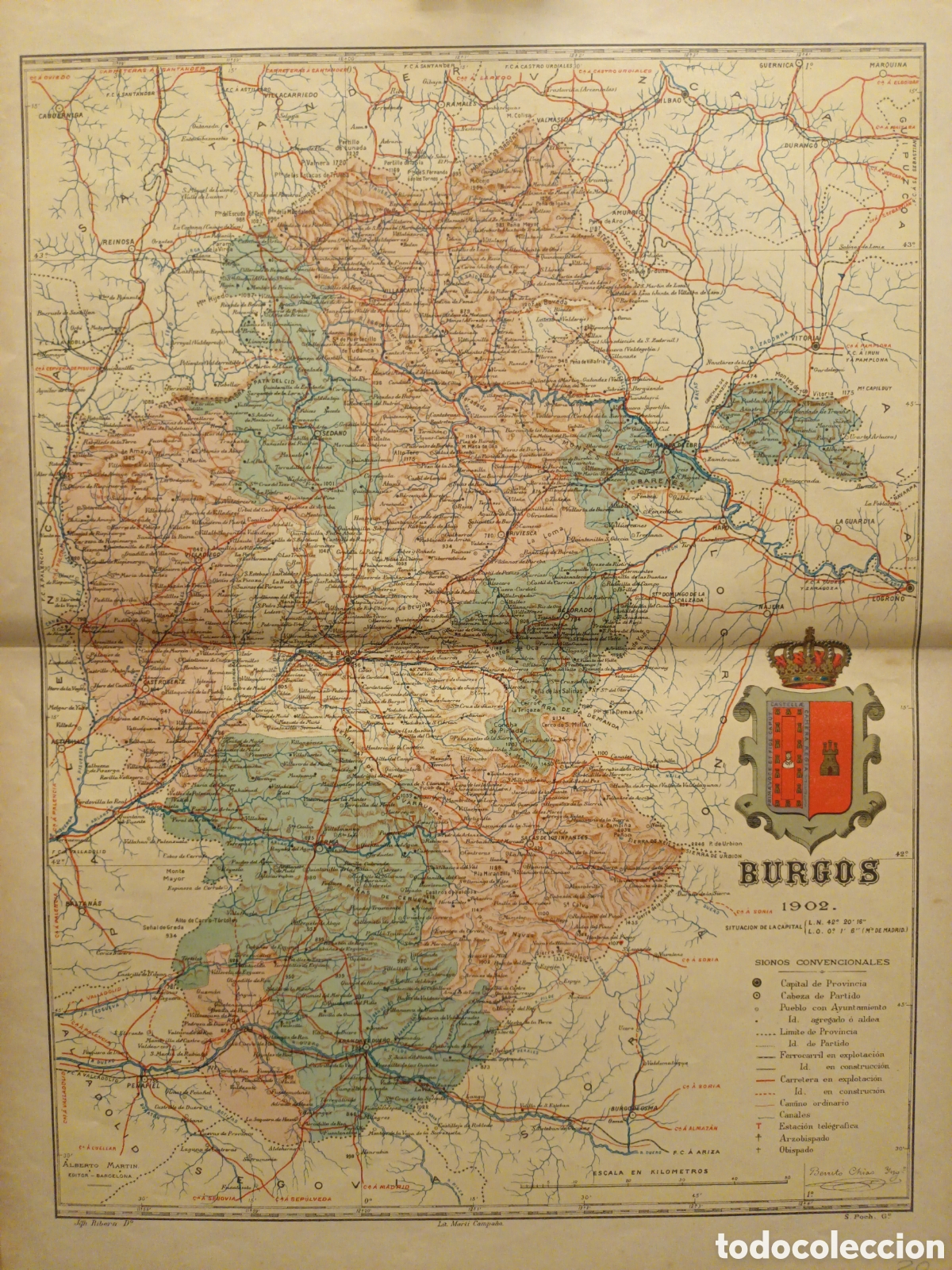 Contemporary maps: MAPA ORIGINAL LITOGR&Aacute;FICO CON ESCUDO DE BURGOS - 1902 - CH&Iacute;AS CARB&Oacute; - EDT MART&Iacute;N - 50 X 37.50 CM