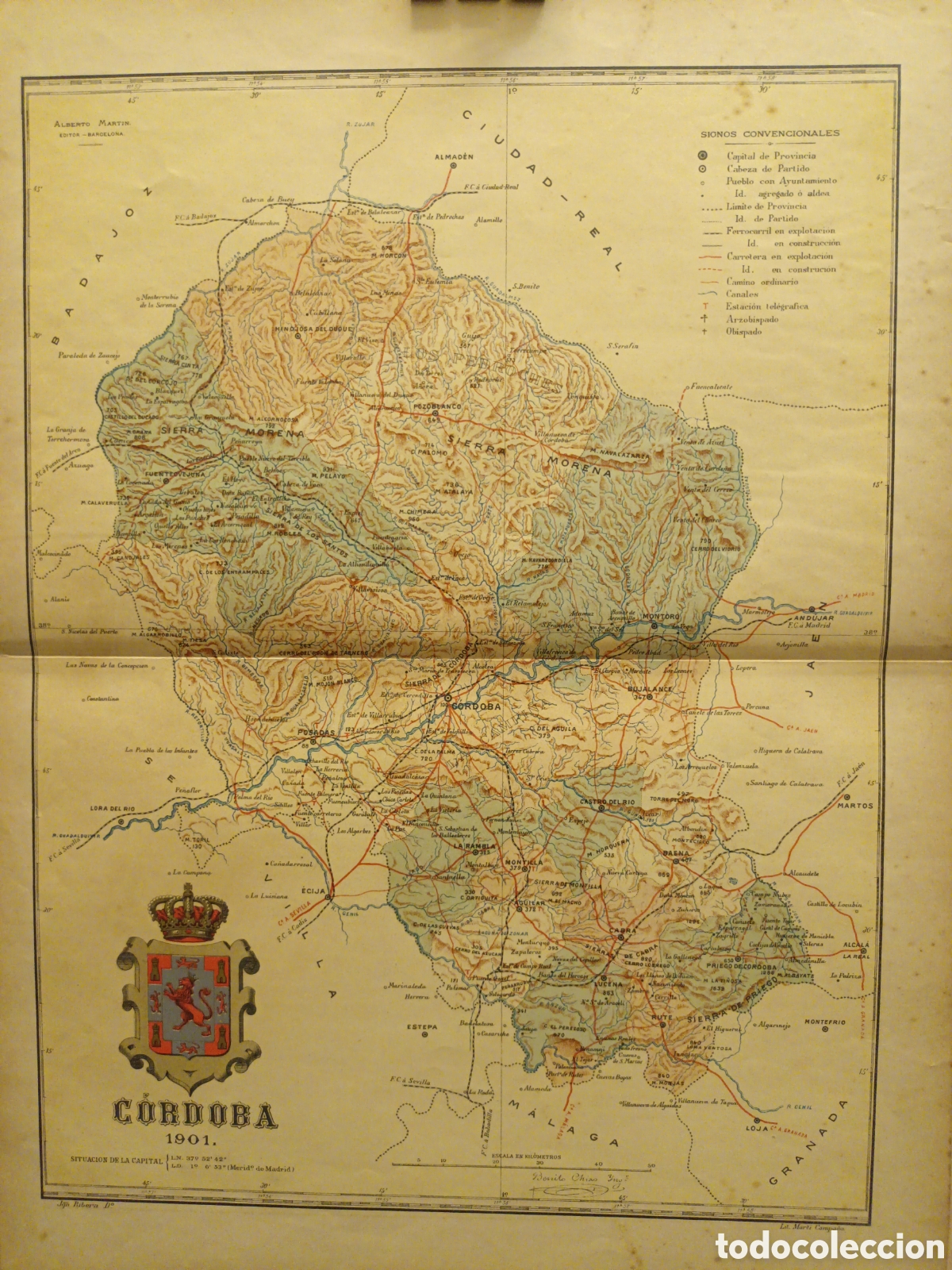 Contemporary maps: MAPA ORIGINAL LITOGR&Aacute;FICO CON ESCUDO DE C&Oacute;RDOBA -1901 - CHIAS CARB&Oacute; - EDT MART&Iacute;N - 50 X 37.50 CM