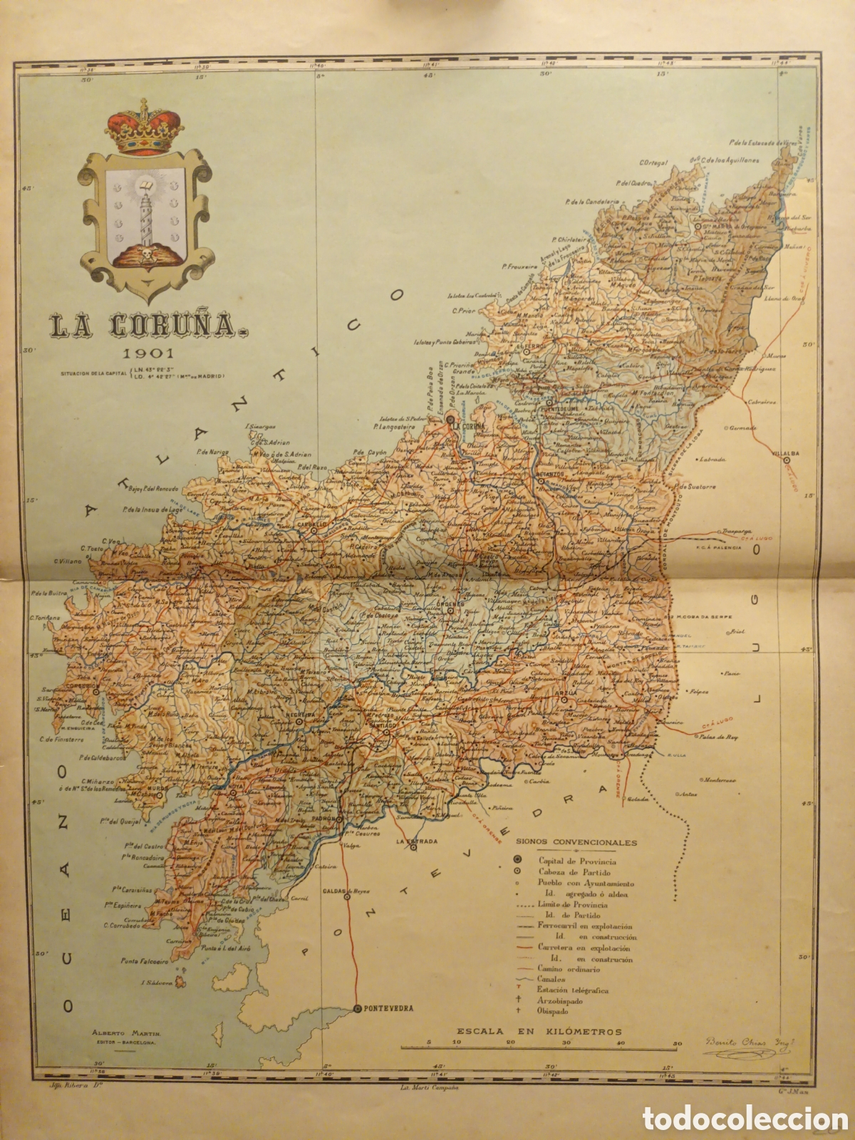 Mapas contempor&aacute;neos: MAPA ORIGINAL LITOGR&Aacute;FICO CON ESCUDO DE LA CORU&Ntilde;A -1901 - CHIAS CARB&Oacute; - EDT MART&Iacute;N -50 X 37.50 CM