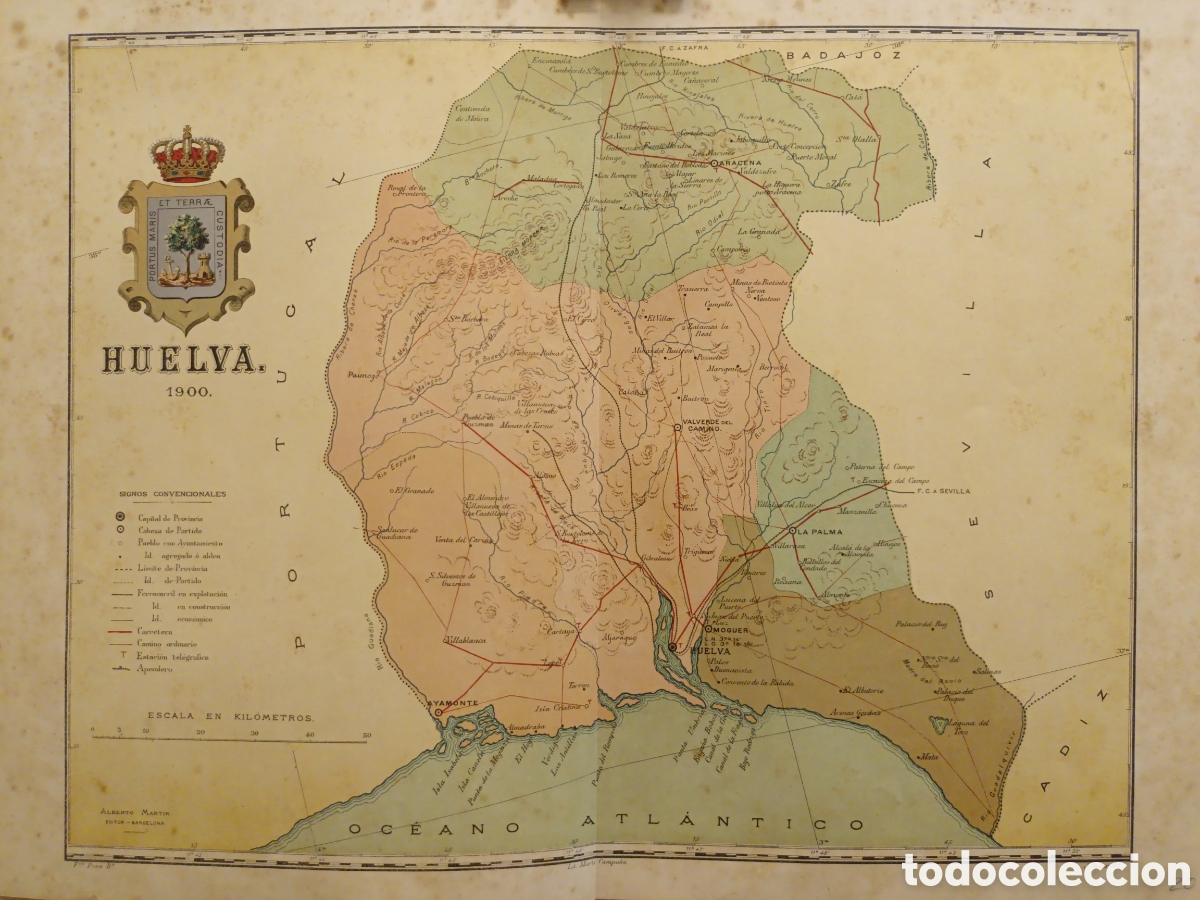 Contemporary maps: MAPA ORIGINAL LITOGR&Aacute;FICO CON ESCUDO DE HUELVA - 1900 - CHIAS CARB&Oacute; - EDT MART&Iacute;N - 50 X 37.5O CM