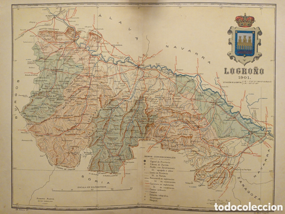 Contemporary maps: MAPA ORIGINAL LITOGR&Aacute;FICO CON ESCUDO DE LOGRO&Ntilde;O - 1901 - CHIAS CARB&Oacute; - EDT MART&Iacute;N - 50 X 37.50 CM