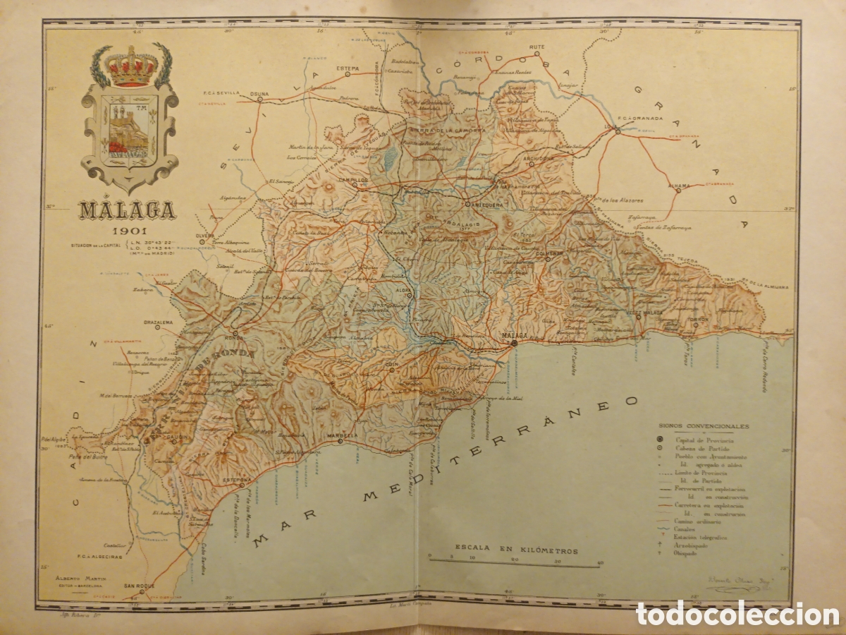 Contemporary maps: MAPA ORIGINAL LITOGR&Aacute;FICO CON ESCUDO DE M&Aacute;LAGA - 1901 - CHIAS CARB&Oacute; - EDT MART&Iacute;N - 50 X 37.50 CM