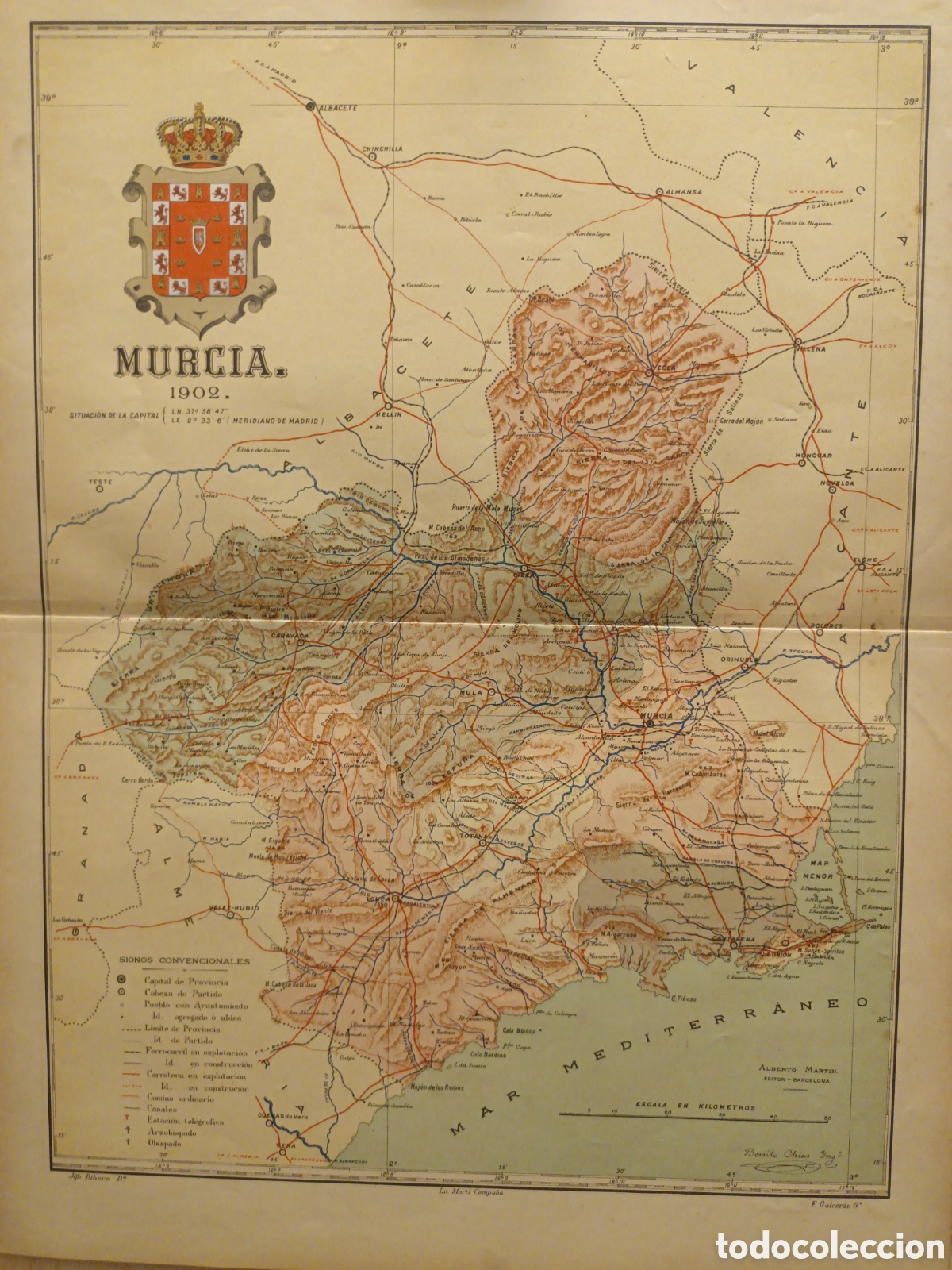 Contemporary maps: MAPA ORIGINAL LITOGR&Aacute;FICO CON ESCUDO DE MURCIA - 1902 - CHIAS CARB&Oacute; - EDT MART&Iacute;N -50 X 37.50 CM