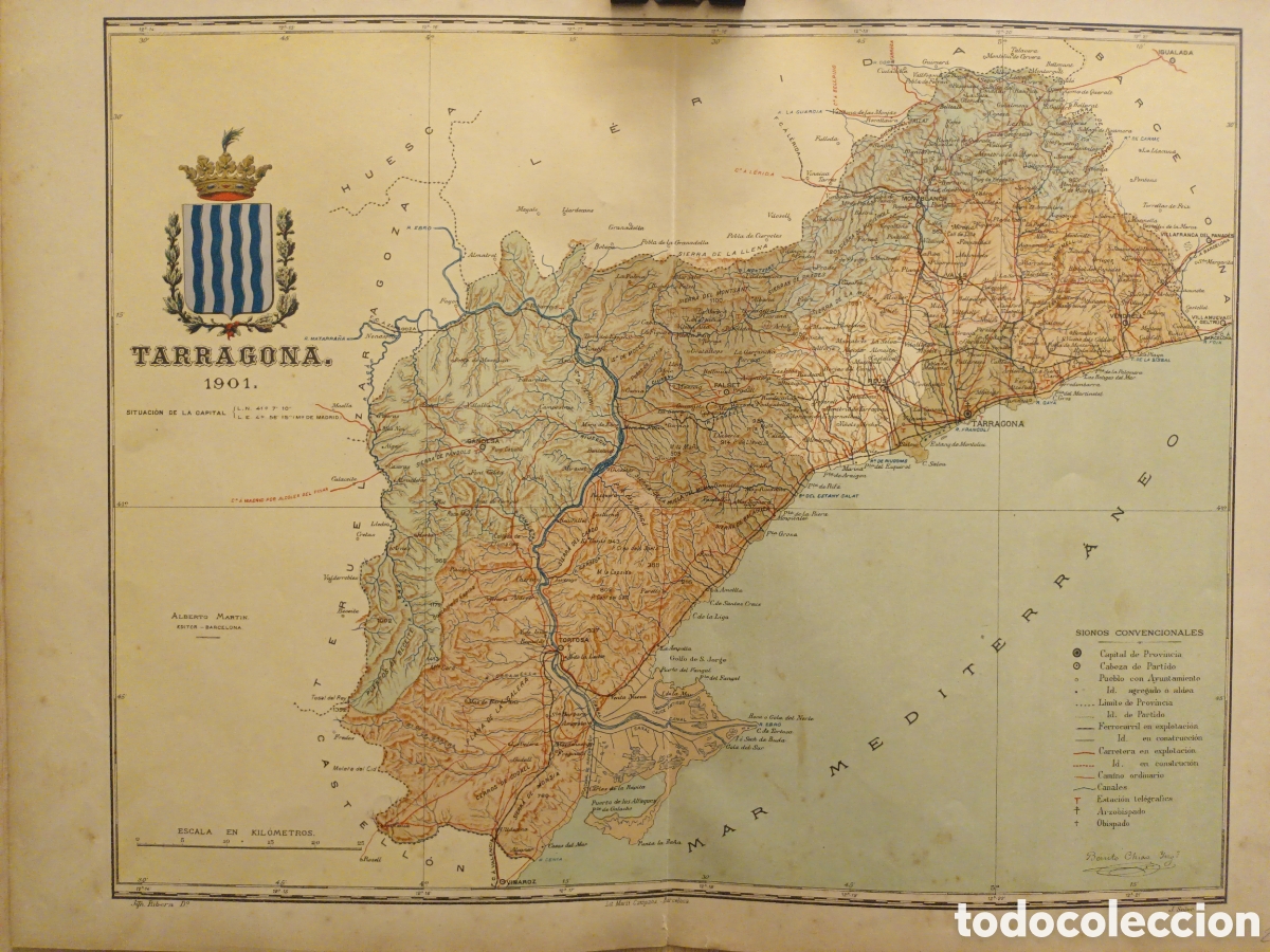 Zeitgen&ouml;ssische Karten: MAPA ORIGINAL LITOGR&Aacute;FICO CON ESCUDO DE TARRAGONA- 1901 - CHIAS CARB&Oacute; - EDT MART&Iacute;N - 50 X 57.50 CM
