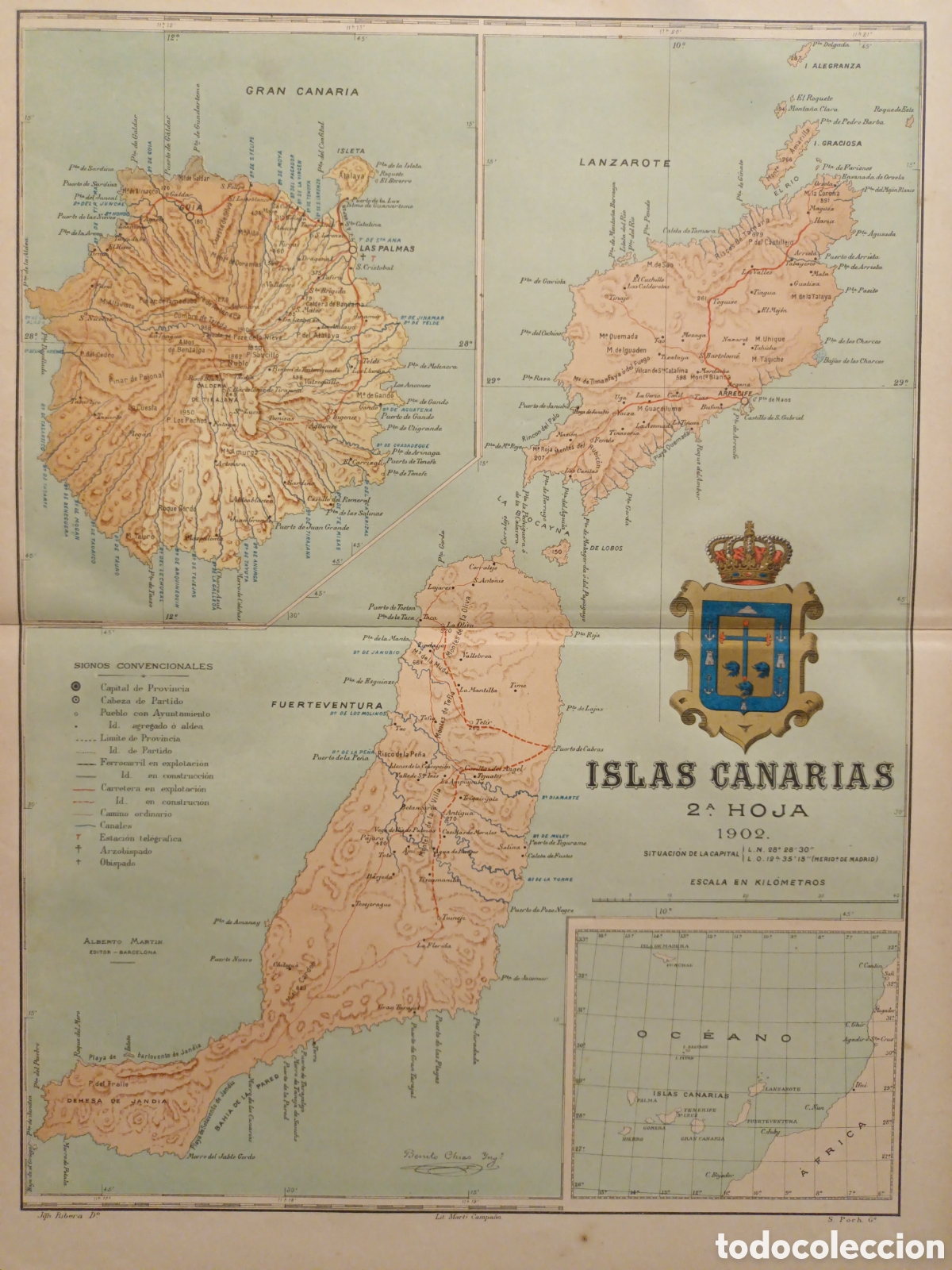 Zeitgen&ouml;ssische Karten: MAPA ORIGINAL LITOGR&Aacute;FICO CON ESCUDO DE ISLAS CANARIAS - 1902 - CHIAS CARB&Oacute; - EDT MART&Iacute;N - 50 X 37