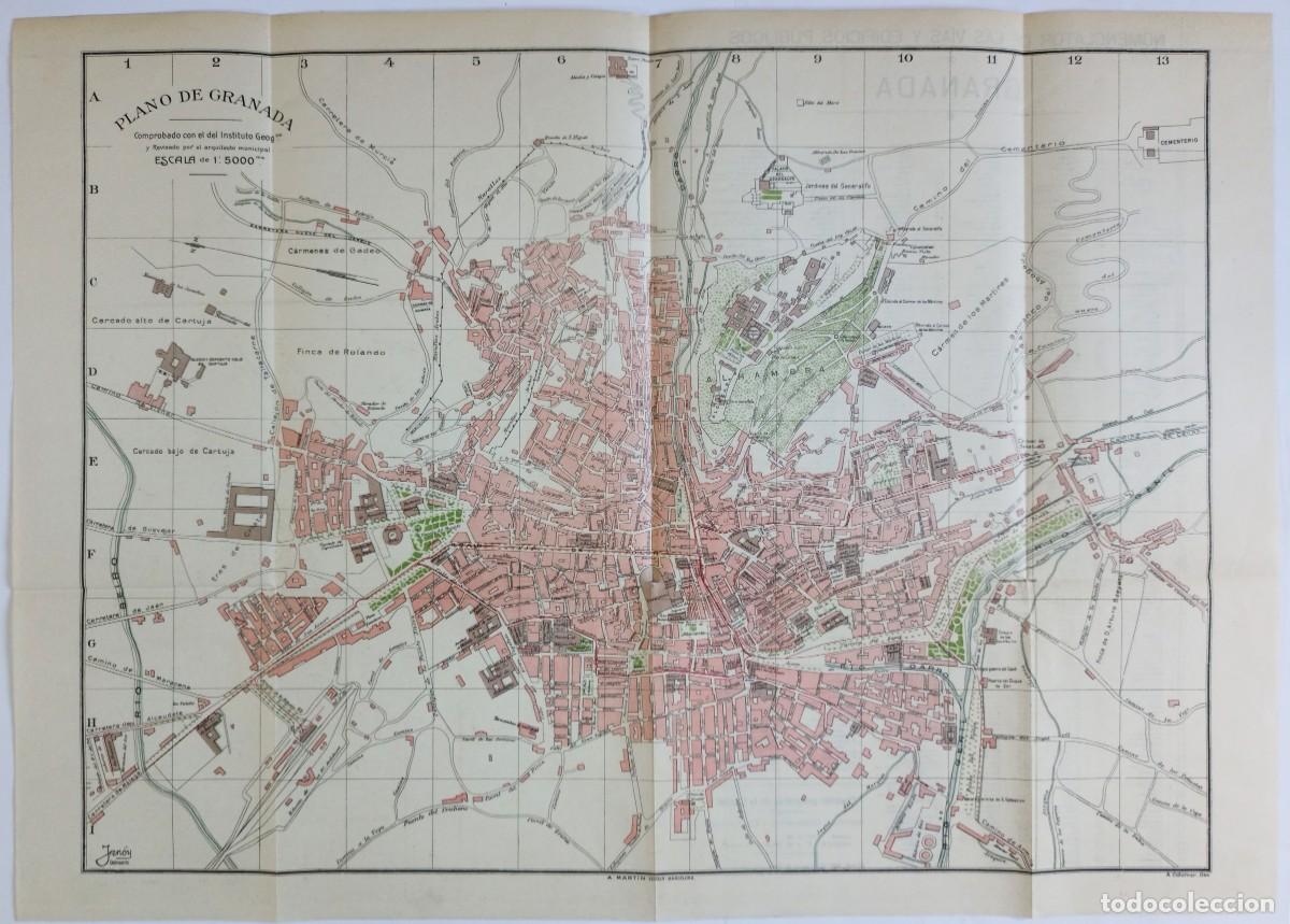 Mapas contempor&aacute;neos: 1913-1919 - ANTIGUO MAPA PLANO CIUDAD DE GRANADA CON NOMENCLATOR CALLES Y EDIFICIOS - 75 x 58 CM. - Foto 1