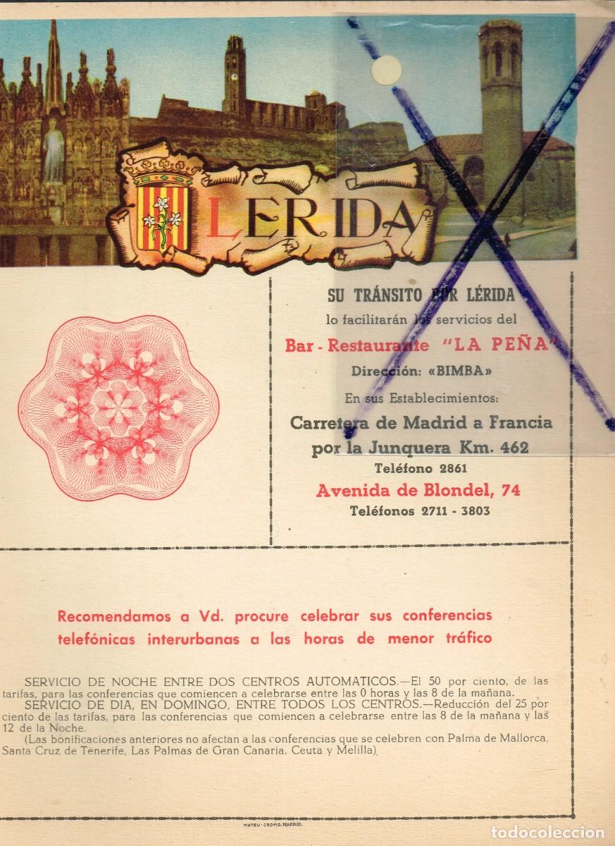 Mapas contempor&aacute;neos: 40/50&acute;s. ca. LAMINA T&Iacute;PICO LLEIDA CON PUBLICIDAD LOCAL Y MAPA DE TODA LA PROVINCIA EN REVERSO