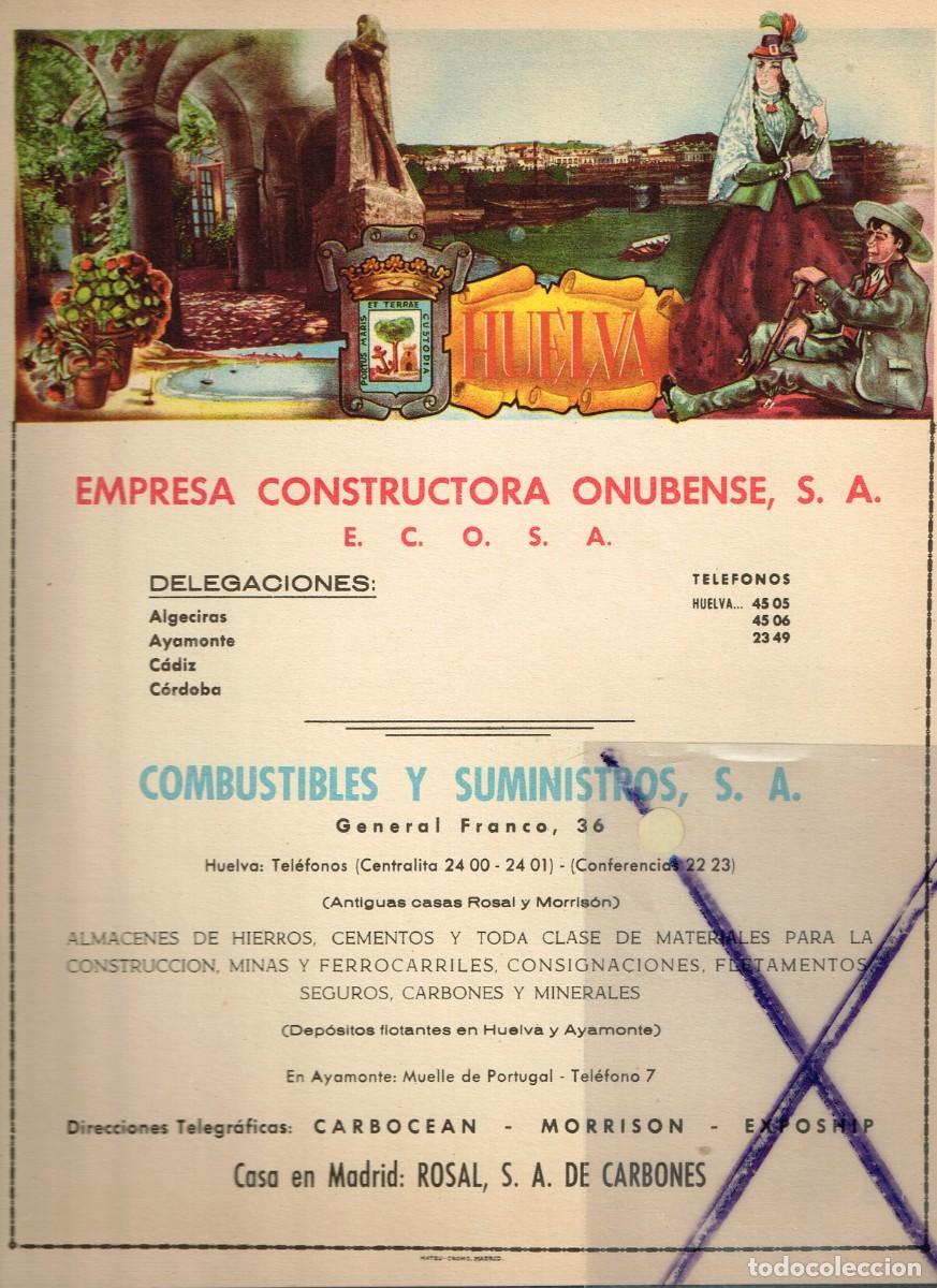 Mapas contempor&aacute;neos: 40/50&acute;s. ca. LAMINA T&Iacute;PICO HUELVA CON PUBLICIDAD LOCAL Y MAPA DE TODA LA PROVINCIA EN REVERSO