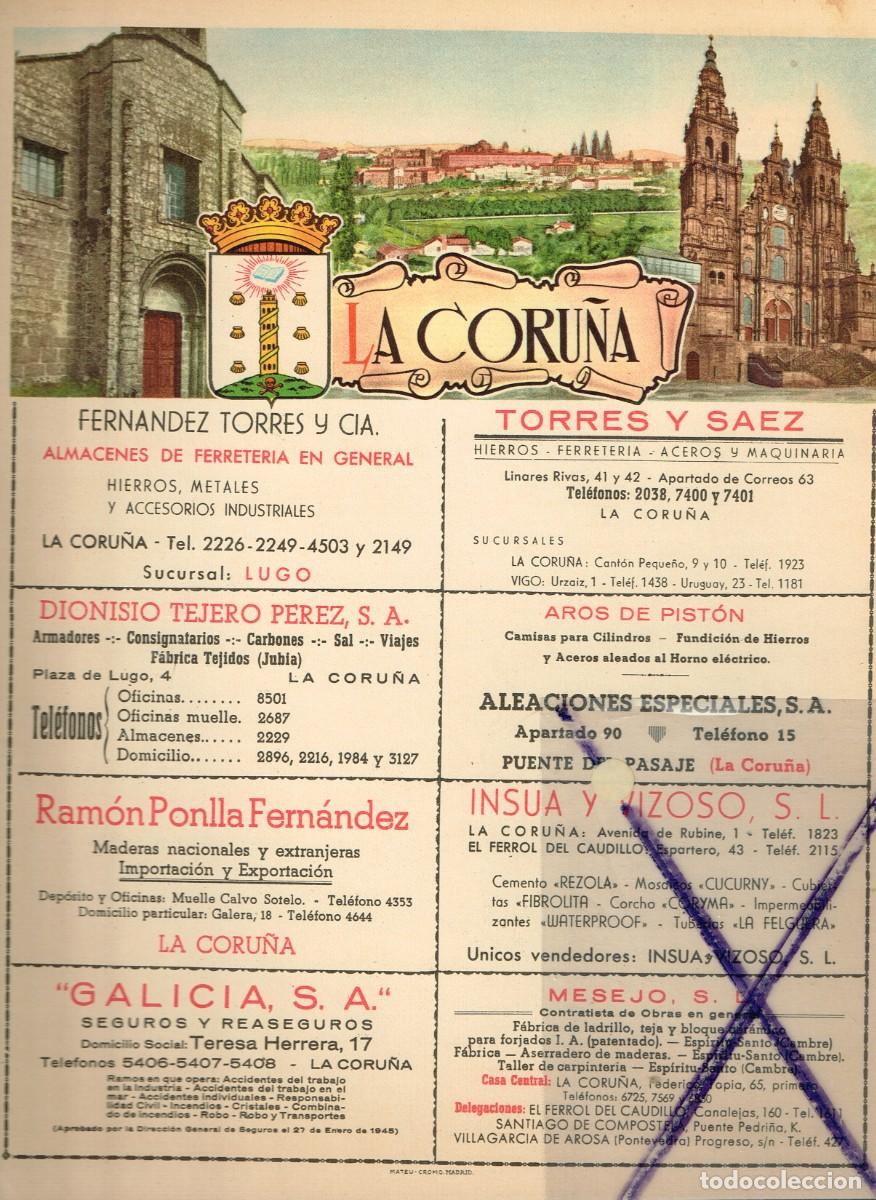 Mapas contempor&aacute;neos: 40/50&acute;s. ca. LAMINA T&Iacute;PICO A CORU&Ntilde;A CON PUBLICIDAD LOCAL Y MAPA DE TODA LA PROVINCIA EN REVERSO