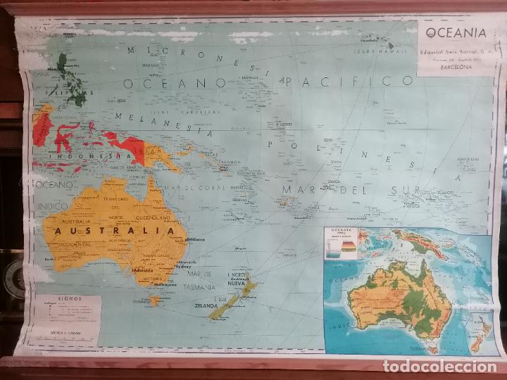 Mapas contempor&aacute;neos: MAPA ESCOLAR, OCEANIA, HECHO EN TELA CON REFUERZOS DE MADERA