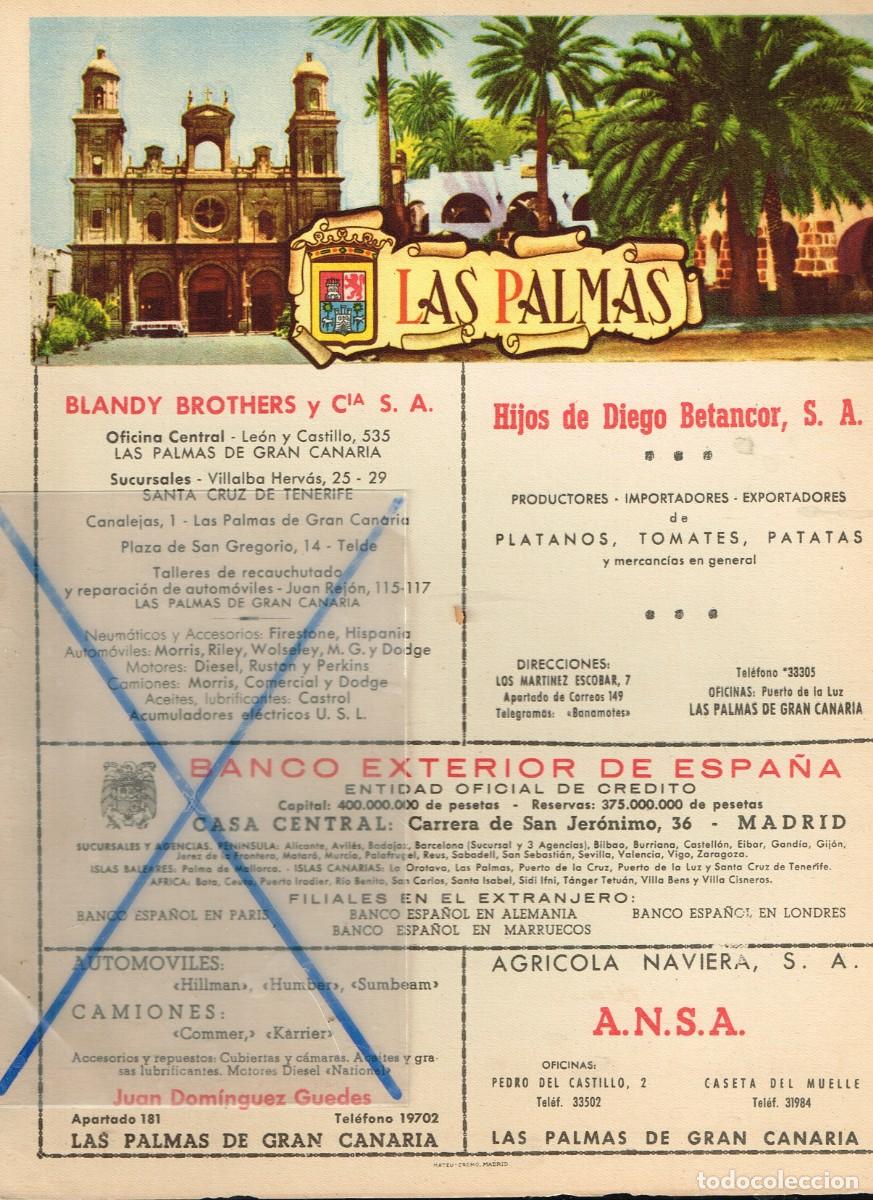 Mapas contempor&aacute;neos: 40/50&acute;s. ca. LAMINA T&Iacute;PICO LAS PALMAS GRAN CANARIA PUBLICIDAD Y MAPA DE TODA LA PROVINCIA EN REVERSO