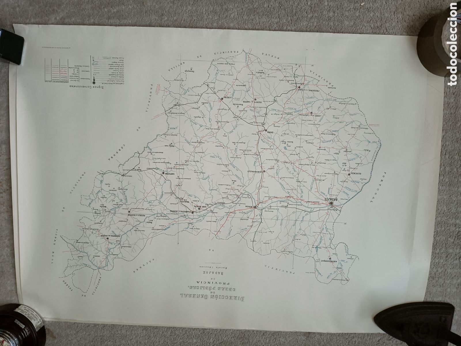 Mapas contempor&aacute;neos: Mapa de la Provincia de Badajoz, Direcci&oacute;n General de Obras P&uacute;blicas, 1919, Lit. M&eacute;ndez 50x70 cm