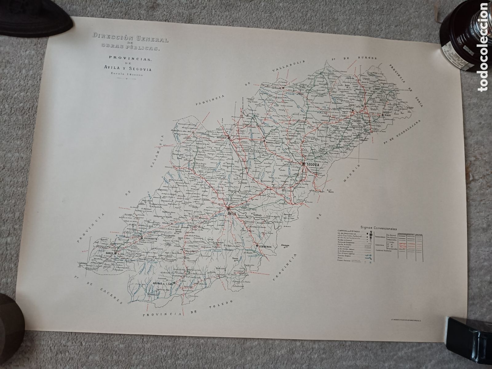 Mapas contempor&aacute;neos: Mapa de la Provincia de &Aacute;vila y Segovia, Direcci&oacute;n General Obras P&uacute;blicas, 1919 Lit. M&eacute;ndez 50x70 cm