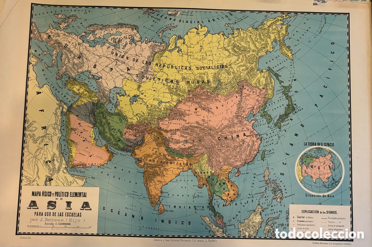 Mapas contempor&aacute;neos: Mapa escolar Asia fisico y politico elemental. Graficas reunidas Madrid. por J Reinoso