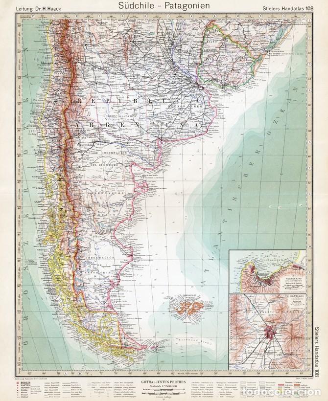 Mapas contempor&acirc;neos: MAPA (GRABADO COBRE) DE ARGENTINA Y CHILE (PATAGONIA Y SUR DE CHILE). STIELERS ATLAS CENTENARIO 1931