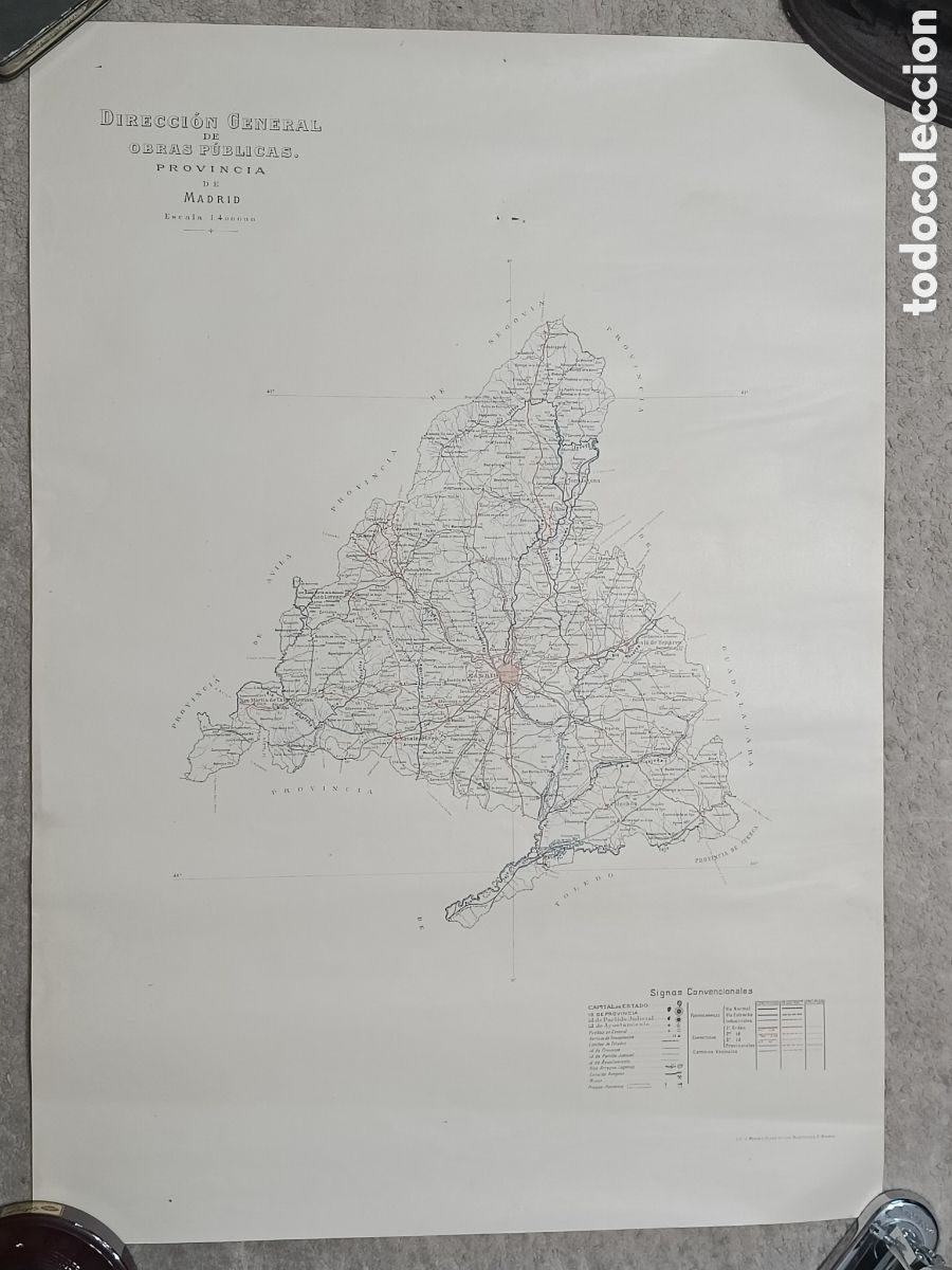 Mapas contempor&aacute;neos: Mapa provincia de Madrid. Direcci&oacute;n General de Obras P&uacute;blicas 1919, Lit. M&eacute;ndez 50x70 cm