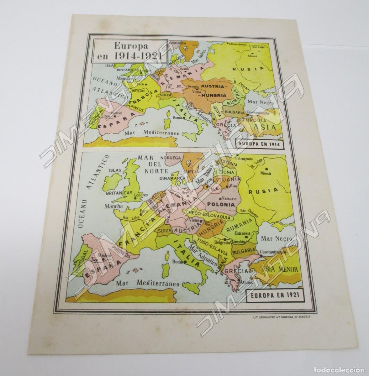 Mappe contemporanee: Peque&ntilde;o Mapa de 20,5 x 14,5 cm de Europa en 1914 - 1921