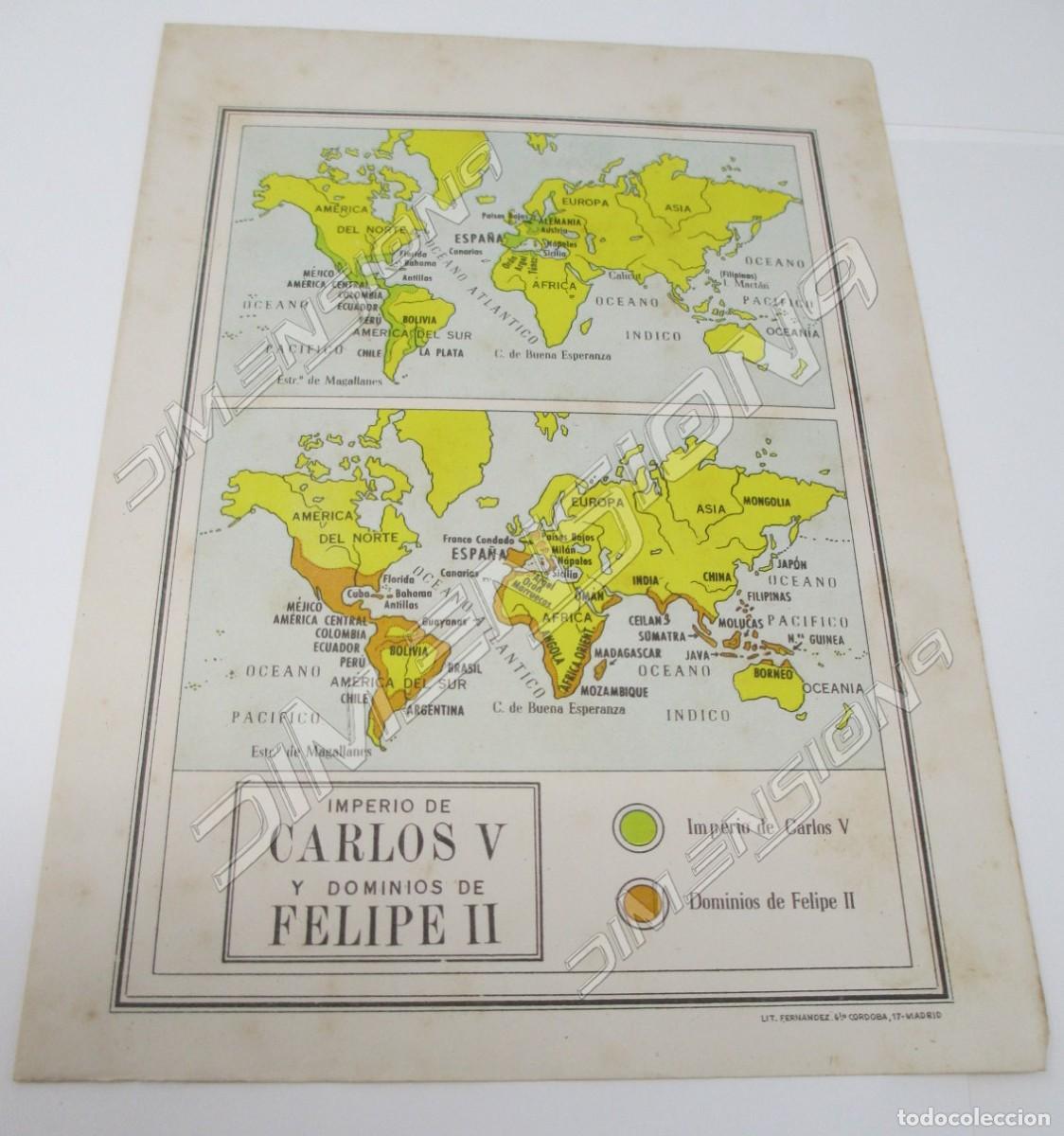 Mappe contemporanee: Peque&ntilde;o Mapa del Imperio de Carlos V y dominios de Felipe II, mide 20,5 x 14,5 cm